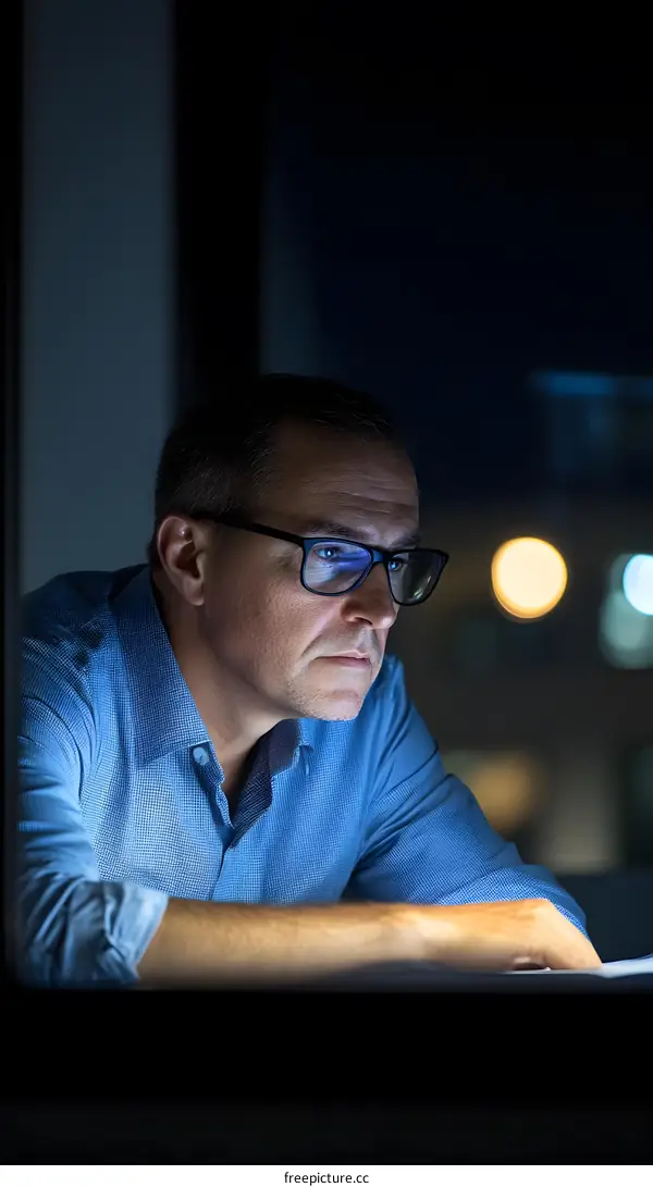 Man Working Late at Night in Office