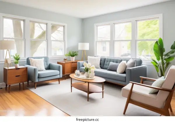 Airy and Modern Living Room With Blue Sofa and Wood Coffee Table