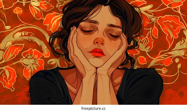 Portrait of a young woman with brown hair and red lips, with her eyes closed and her hands supporting her head, on a red floral background