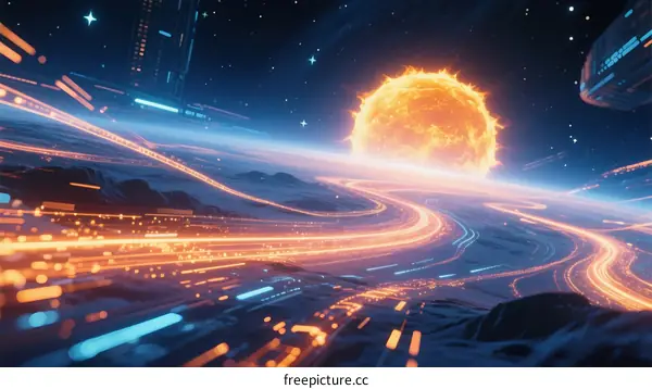 Futuristic Space Scene with Glowing Sun and Circuit Roads