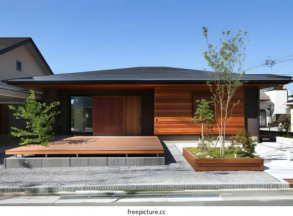 Modern Japanese House with Wooden Exterior and a Patio