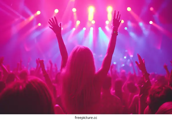 Young woman with long blond hair raising her hands in the air at a concert with a lot of other people