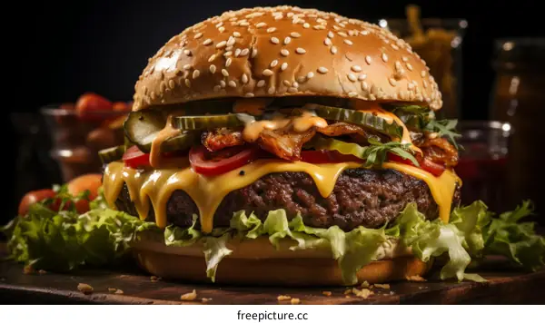 A tantalizing cheeseburger with pickles, tomatoes, and lettuce