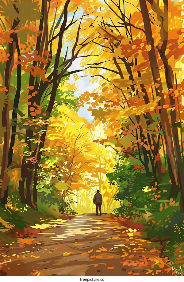 Autumn Forest Path With Person