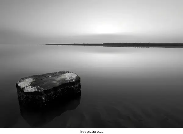 A lone tree stump sits in the middle of a calm lake.