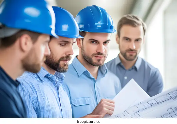 Construction Workers Reviewing Blueprint In Office