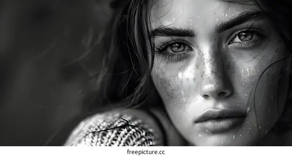 Close Up Portrait of a Young Woman with Freckles and Wet Skin in Black and White