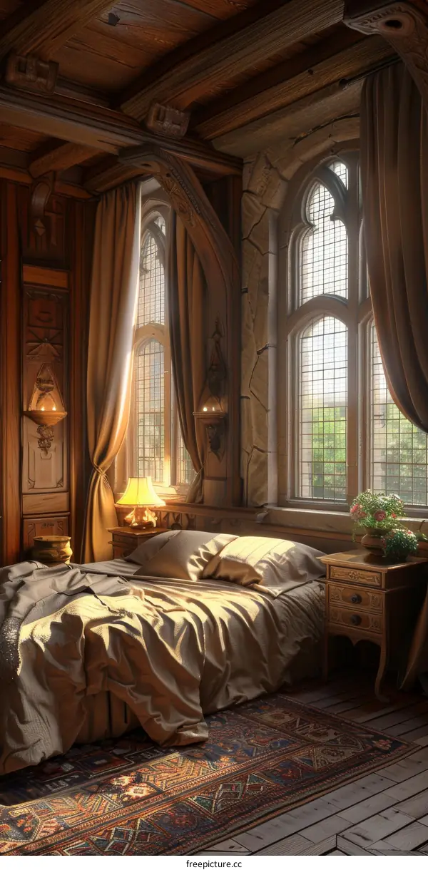 Medieval Wooden Bedroom Interior Illustration