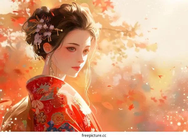 Beautiful Woman in Red Kimono with Autumn Leaves Background