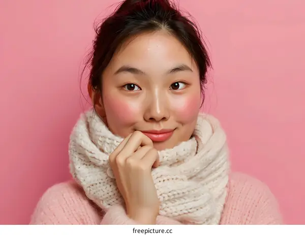 Portrait of a Beautiful Asian Woman Wearing a Knitted Scarf