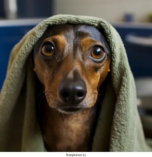 A wet dachshund dog with a towel on its head