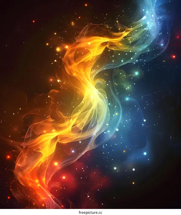 Abstract colorful plasma trails with glowing particles and stardust in deep space