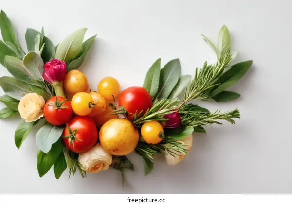 Colorful Fresh Produce Arrangement with Flowers and Herbs