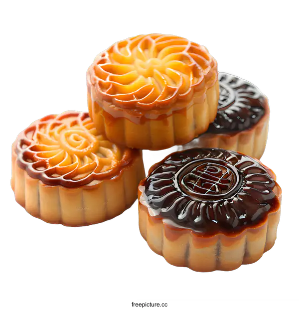 [Transparent Background PNG]Four mooncakes with different patterns on white background