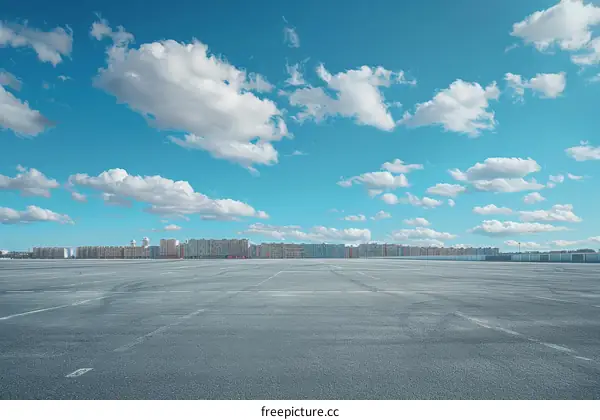 An empty parking lot with a clear blue sky
