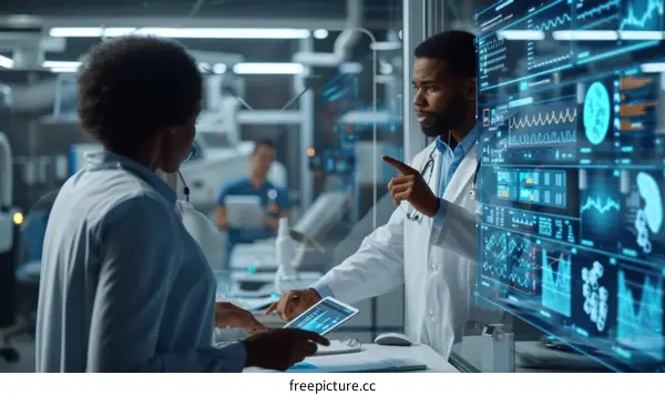 Black doctor and nurse discussing patient data in futuristic hospital