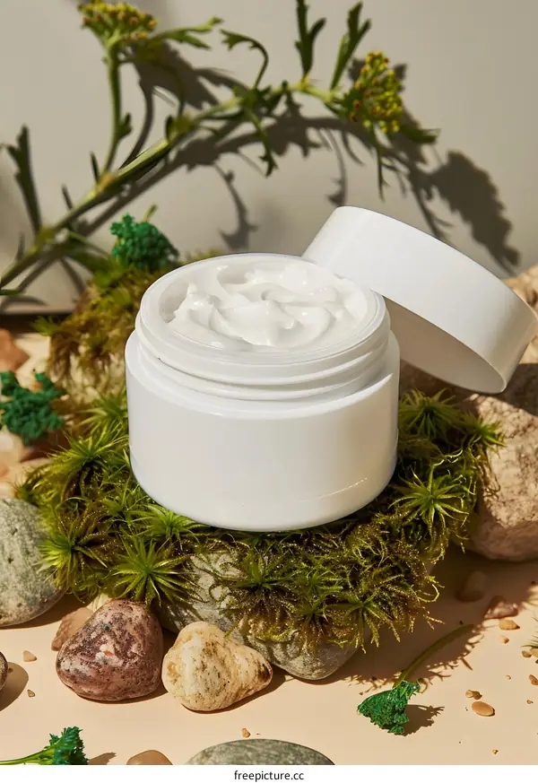 Natural Skincare Cream Jar On Moss With Rocks