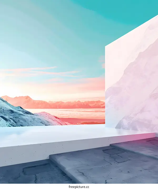 Minimalist 3D Render of Mountain Landscape with Blue and Pink Sky