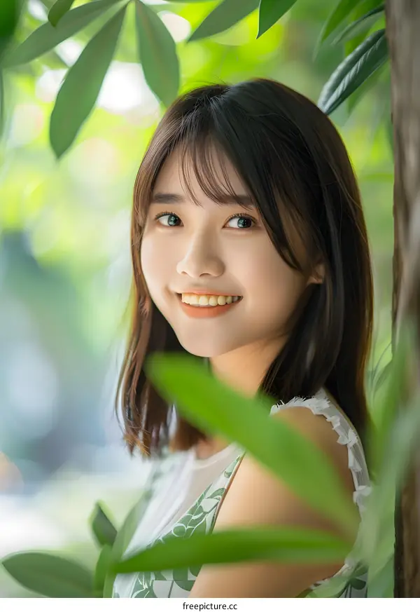 Smiling Asian Woman In Green Leaves