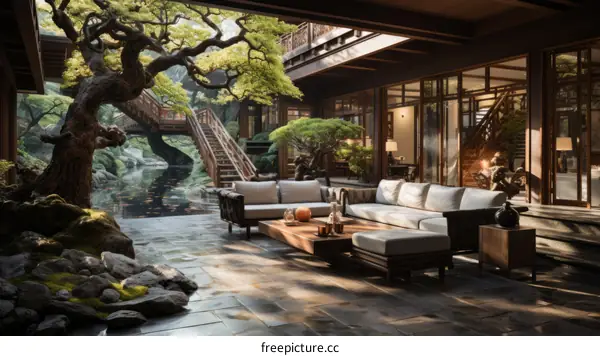Courtyard with a Zen garden and a modern house
