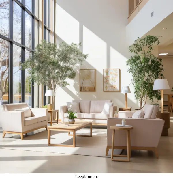 Modern Living Room with Large Windows and Greenery