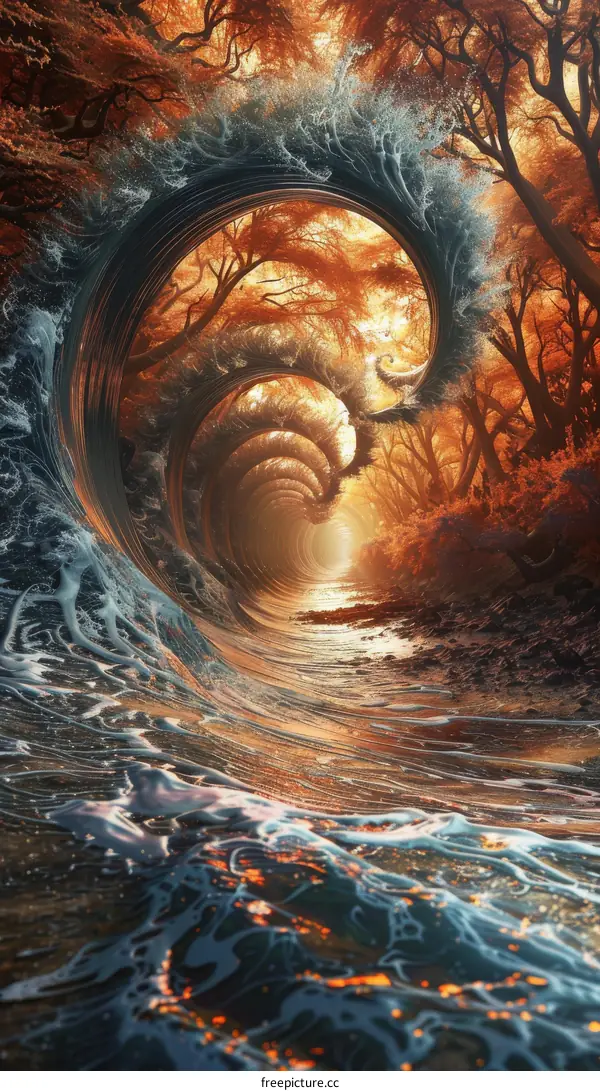 Mystical Forest with Glowing River and Giant Wave