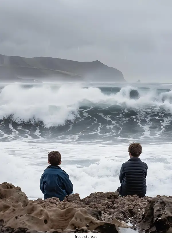 Two Boys Watching Large Waves Crash on Shore