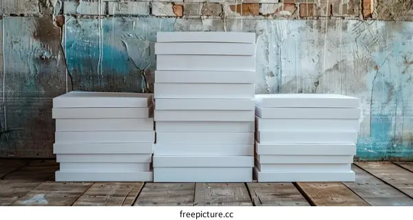 Stack of White Cardboard Boxes Against a Blue Brick Wall