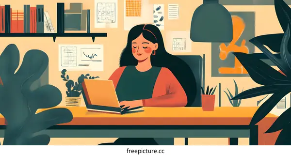 Woman Working on Laptop at Desk with Plants and Books