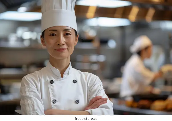 Portrait of a Japanese female chef in a commercial kitchen
