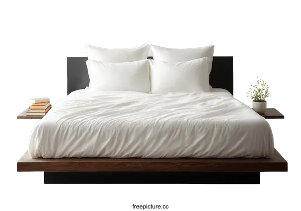 [Transparent Background PNG]Modern Wooden Platform Bed with White Linens