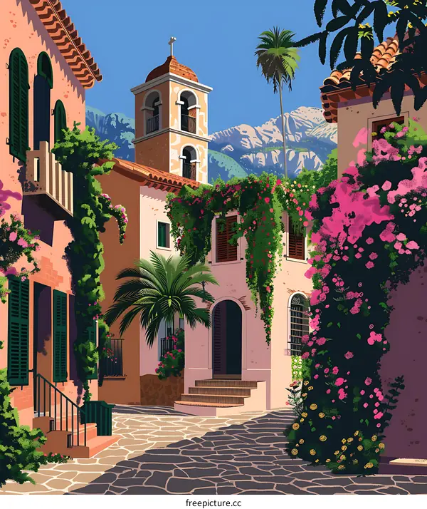 Beautiful European Village with Bell Tower in the Distance