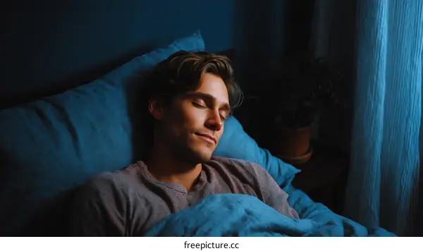 Man sleeping in bed with blue sheets and curtains at night