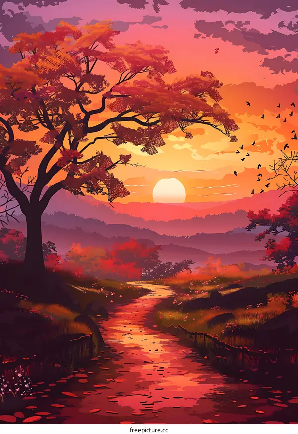 Sunset Landscape Illustration With Mountains and a River