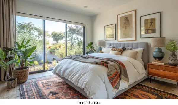 Master Bedroom Interior with Large Bed, Area Rug, and Wooden Furniture