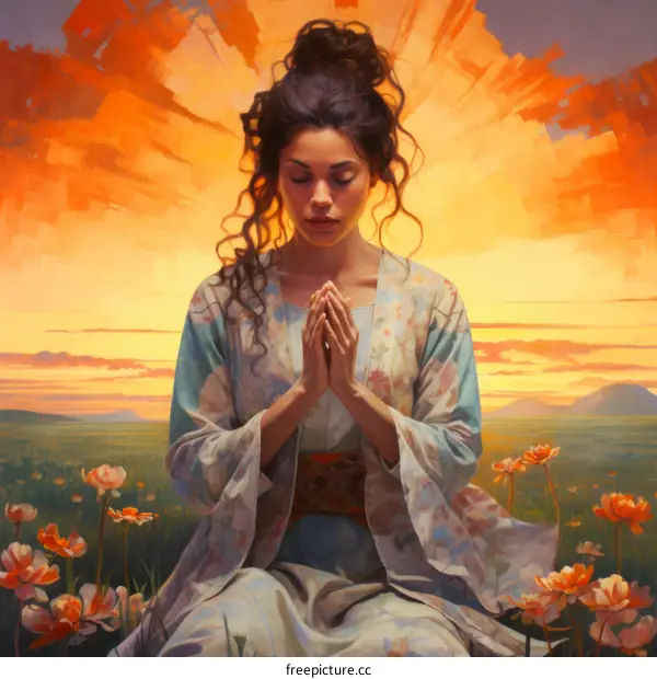 A woman praying in a field of flowers