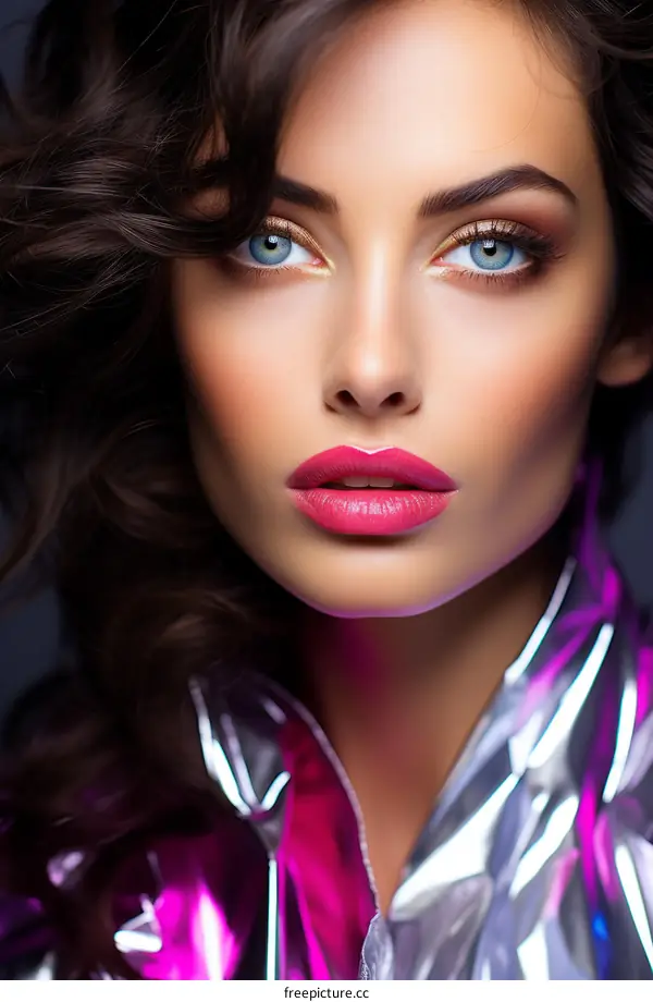Blue-Eyed Beauty with Pink Lipstick
