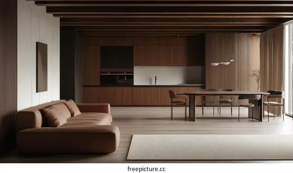 Modern Wooden Interior Design with Cozy Sofa and Dining Area