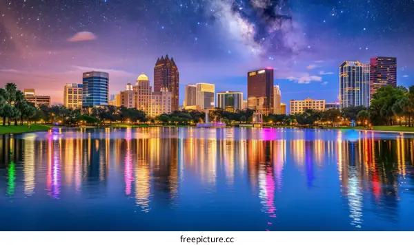 Orlando city lake Eola night time