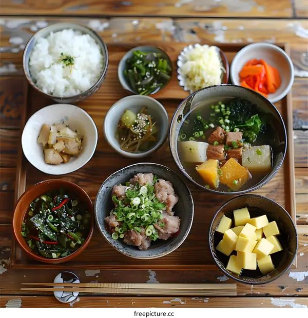 Japanese Meal Set on a Wooden Tray