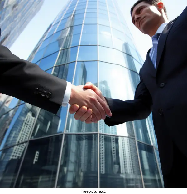 Businessmen shaking hands in front of a skyscraper