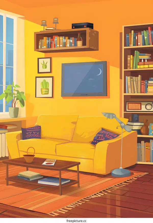 Yellow Sofa in Living Room with Bookshelves and TV