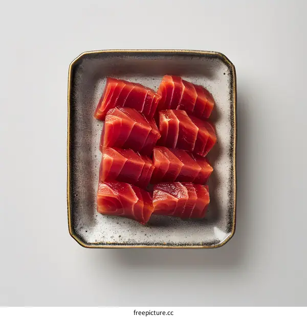 tuna sashimi on a gray square plate