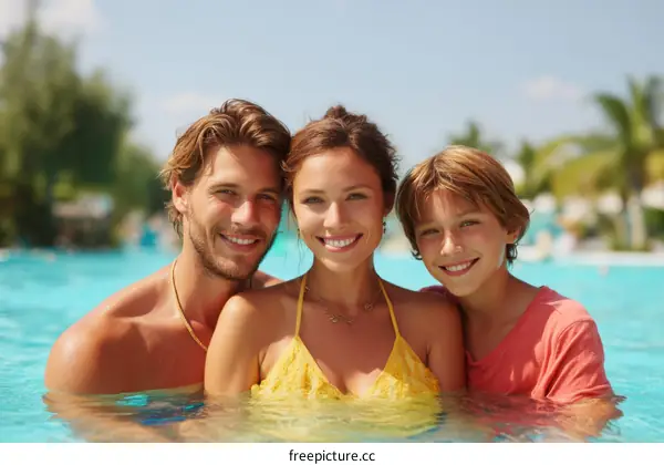 Happy Family Swimming in Pool