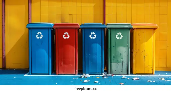 Colorful Recycle Bins Against Yellow Wall