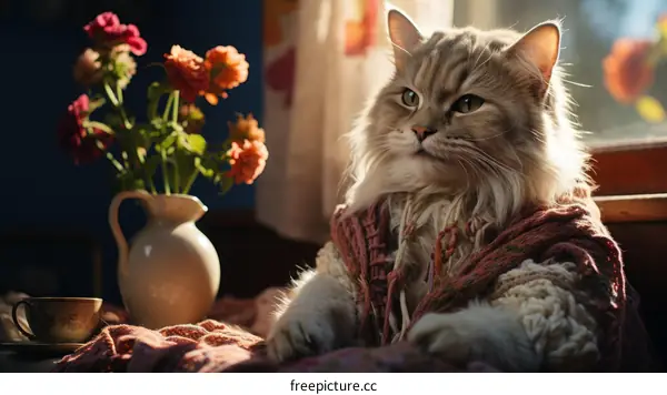 A gray cat wearing a pink and white sweater is sitting in front of a vase of flowers.