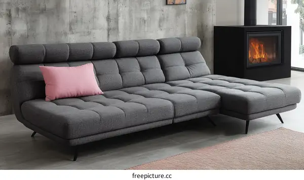 Modern Grey Sectional Sofa with Pink Pillow