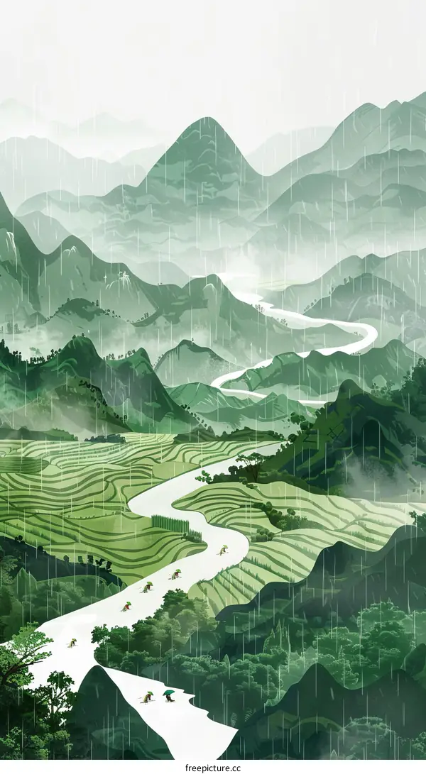 Green Valley Terraced Paddy Fields Under the Rain