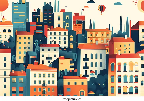 Colorful Illustration of a European Cityscape with Hot Air Balloons