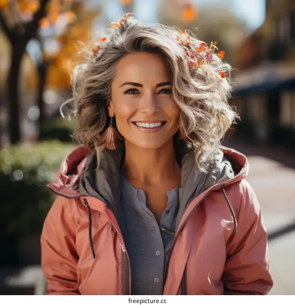 portrait of a smiling woman with blonde hair wearing a pink jacket